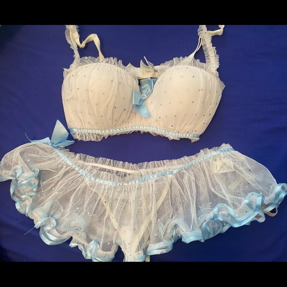 Lingerie set from Frederick’s. Bra with matching sheer skirted thong.